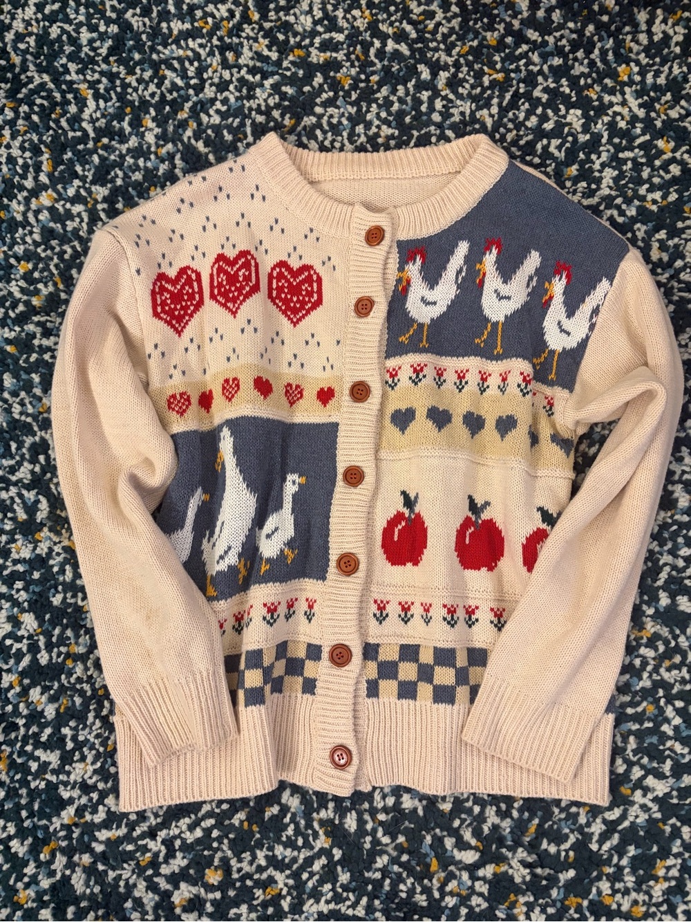 Vintage Style Cottagecore Farm Novelty Knit Cardigan Chickens Geese Apples